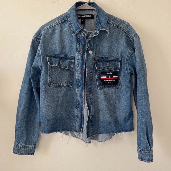 Karl Lagerfeld Paris Denim Boxy Shirt/Jacket with Logo Patch - Picture 1 of 10
